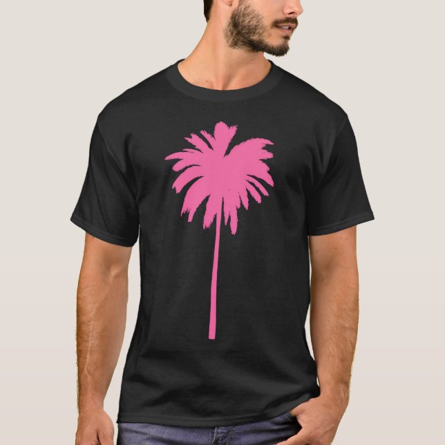Pink Tropical Palm Tree Pattern On Red Background T-Shirt (Front)