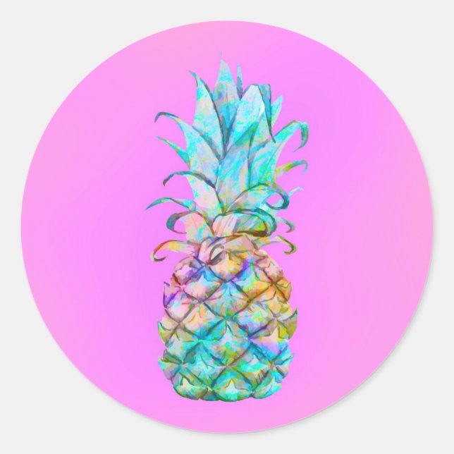 Pink Tropical Pineapple Colour Splash Luau Party Classic Round Sticker (Front)