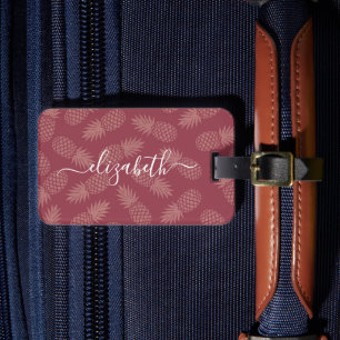 Pink tropical pineapple pattern custom script name luggage tag