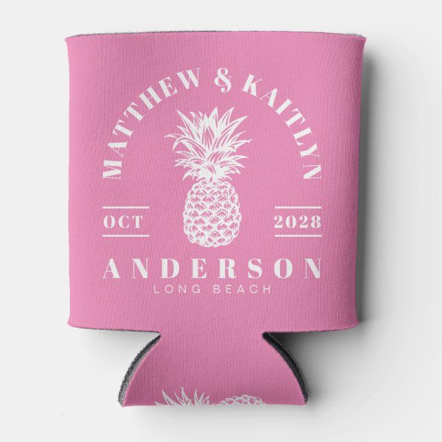 Pink Tropical Pineapple Wedding Can Cooler (Front)