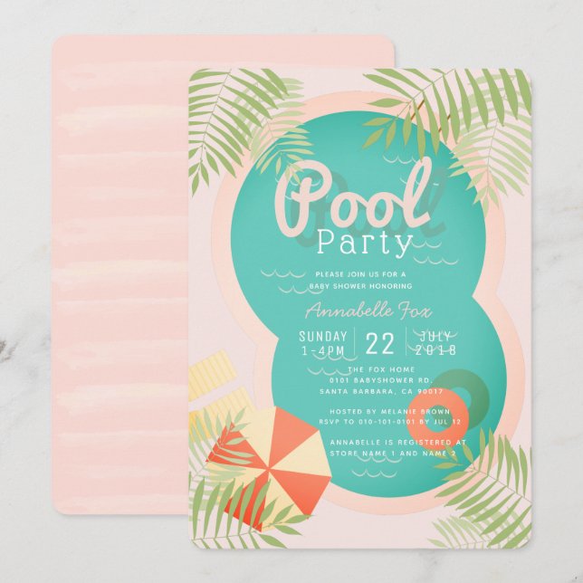Pink Tropical Pool Party Baby Shower Invitation (Front/Back)