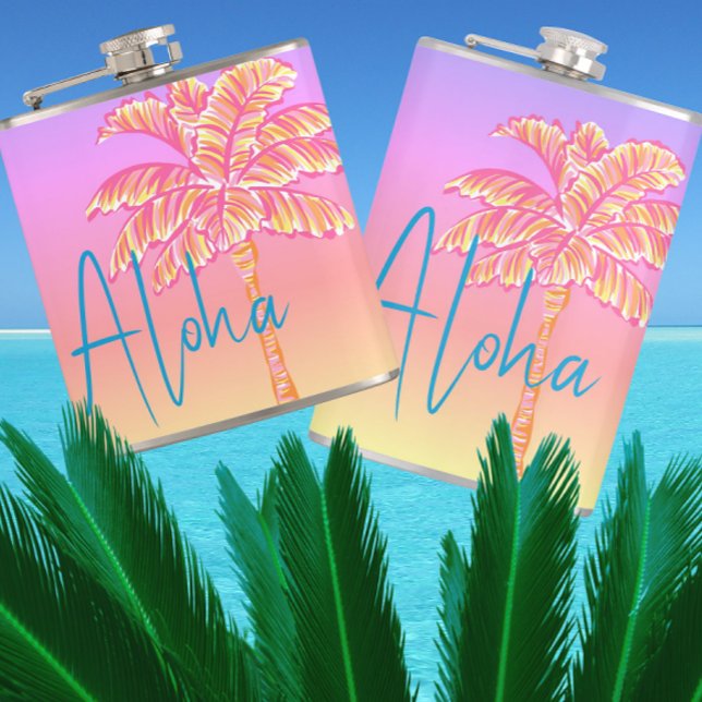 Pink Tropical Sunset Palm Tree Aloha 6oz.  Hip Flask (Keep hydrated! Personalize it!)