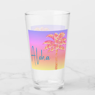 Pink Tropical Sunset Palm Tree Aloha Glass