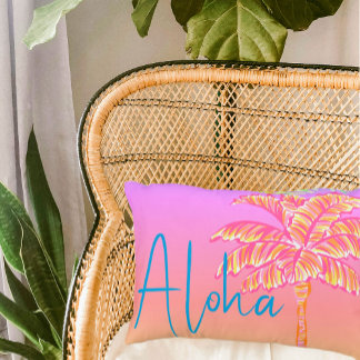 Pink Tropical Sunset Palm Tree Aloha Outdoor Accent Pillow