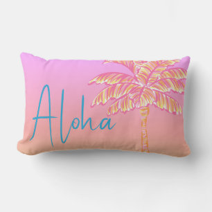 Pink Tropical Sunset Palm Tree Aloha Outdoor Lumbar Pillow