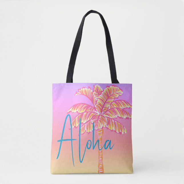 Pink Tropical Sunset Palm Tree Aloha Outdoor Tote Bag (Front)