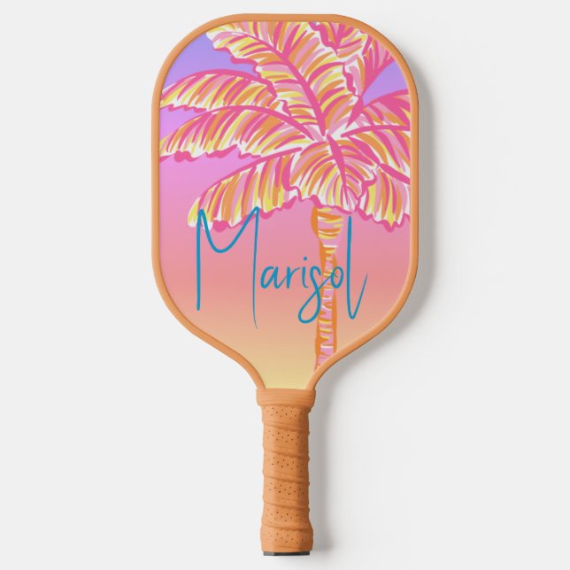 Pink Tropical Sunset Palm Tree Personalized  Pickleball Paddle (Front)