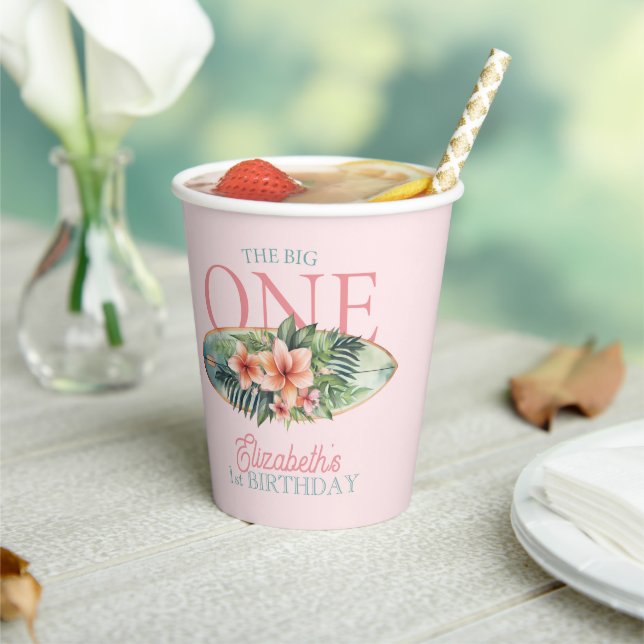 Pink Tropical Surf Board The Big One 1st Birthday Paper Cups (Insitu)