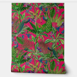 Pink Tropical Vintage Peacock Floral Rainforest Wallpaper