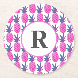Pink Tropical Watercolor Pineapple Monogram Round Paper Coaster