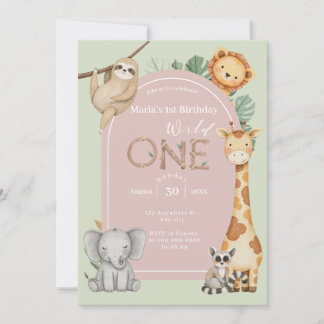 Pink Tropical Wild One Jungle Safari Animals Invitation