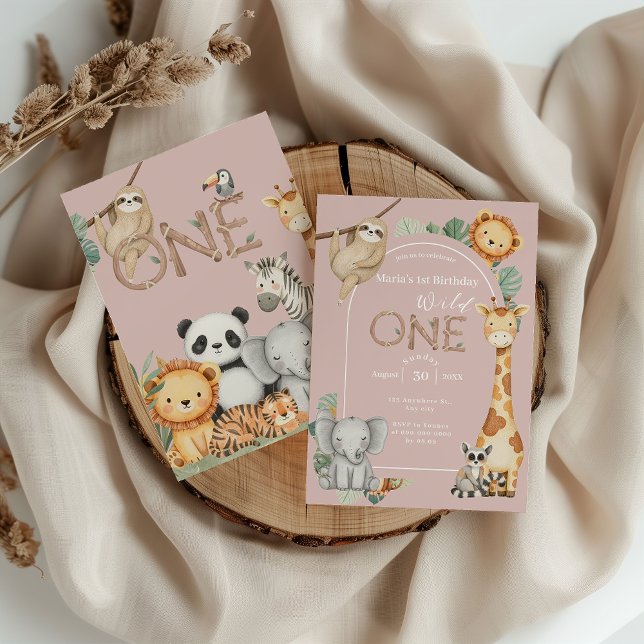Pink Tropical Wild One Jungle Safari Animals  Invitation (Creator Uploaded)