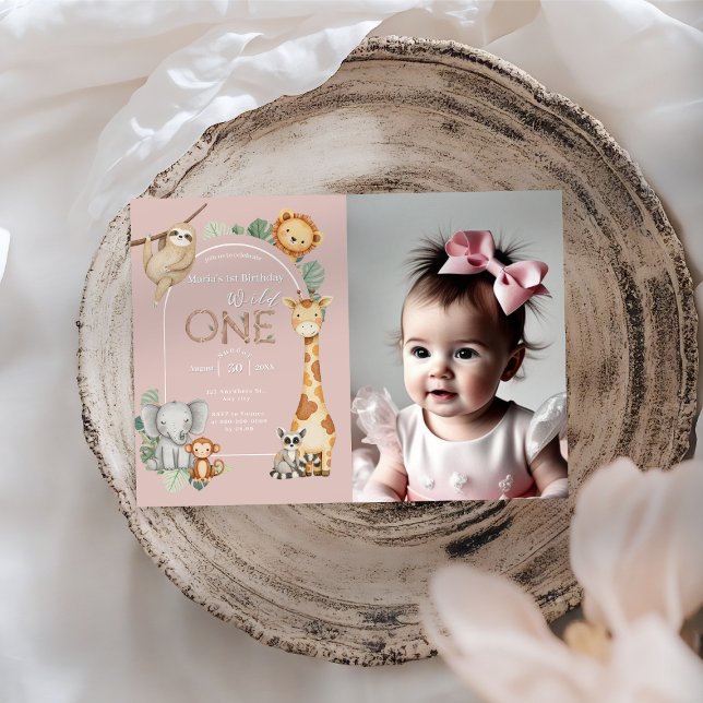 Pink Tropical Wild One Jungle Safari Animals  Invitation (Creator Uploaded)