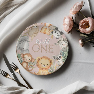 Pink Tropical Wild One Jungle Safari Animals  Paper Plate