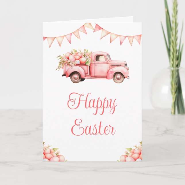 Pink Truck Easter Egg Hunt Holiday Card (Front)