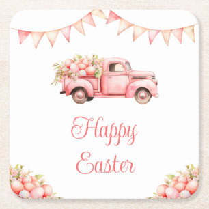 Pink Truck Easter Egg Hunt Square Paper Coaster