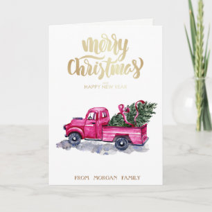 Pink Truck Pine Tree Christmas Holiday Card