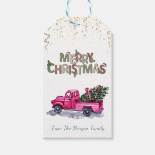 Pink Truck Pine Trees,Confetti,Merry Christmas Gift Tags