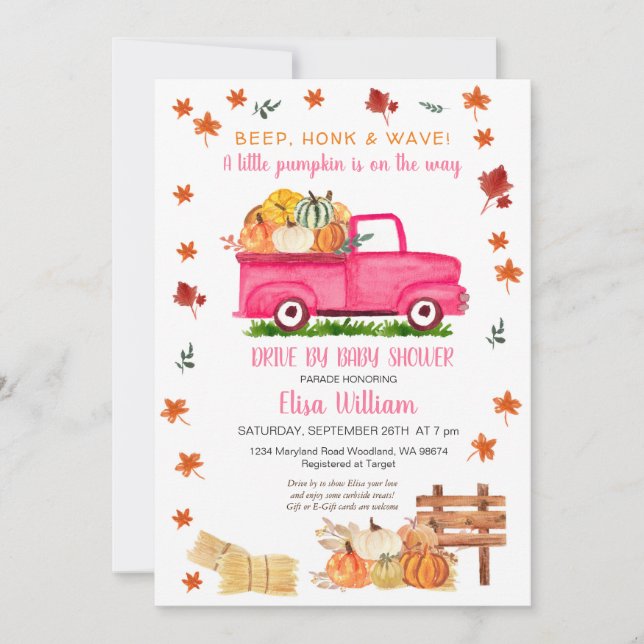Pink Truck Pumpkin Fall Drive By Baby Shower Invitation (Front)
