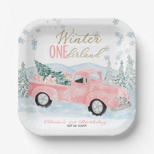 Pink Truck Winter Onederland Girl First Birthday Paper Plate