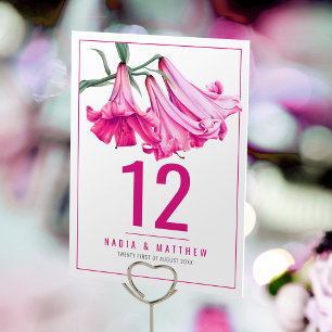 Pink trumpet lily art botanical flowers wedding table number