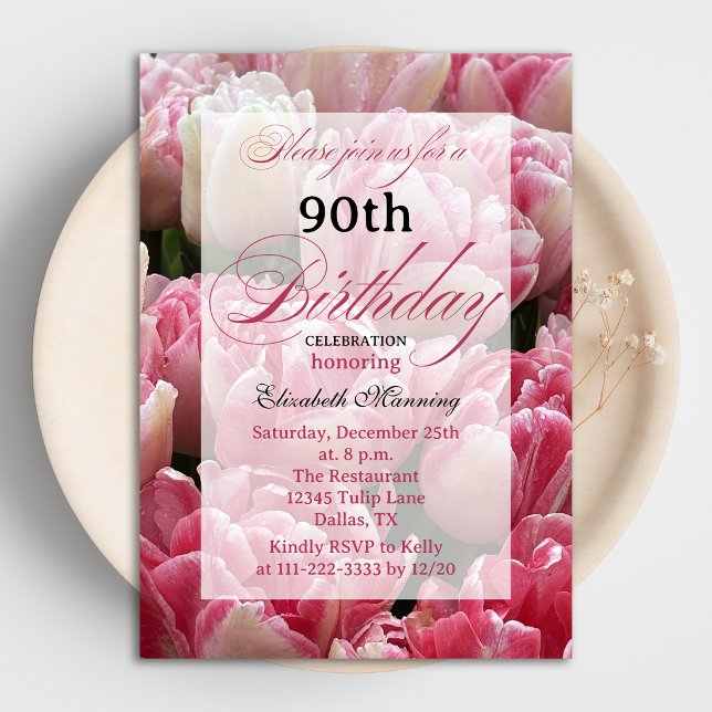 Pink Tulip 90th Birthday Party Invitations (Creator Uploaded)