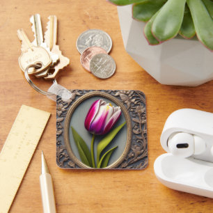 Pink Tulip Art Nouveau Design,  Keychain