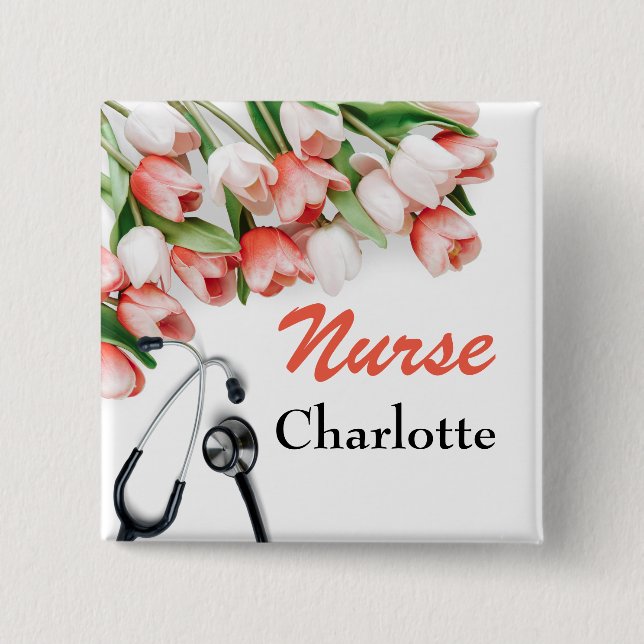 Pink Tulip Custom Nurse 2 Inch Square Button (Front)