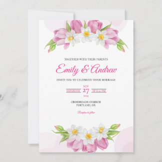 Pink Tulip Daffodil Floral Watercolor Wedding Invitation