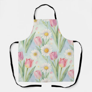Pink Tulip Daisy Watercolor Spring Pattern Apron