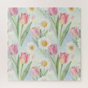 Pink Tulip Daisy Watercolor Spring Pattern Jigsaw Puzzle