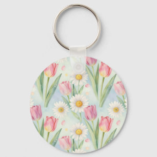 Pink Tulip Daisy Watercolor Spring Pattern Keychain