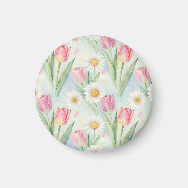 Pink Tulip Daisy Watercolor Spring Pattern Magnet (Front)