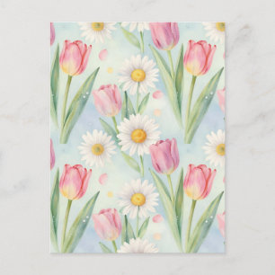 Pink Tulip Daisy Watercolor Spring Pattern Postcard
