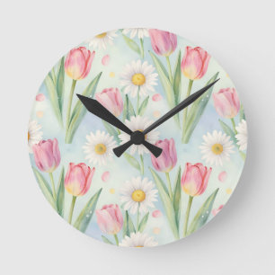 Pink Tulip Daisy Watercolor Spring Pattern Round Clock