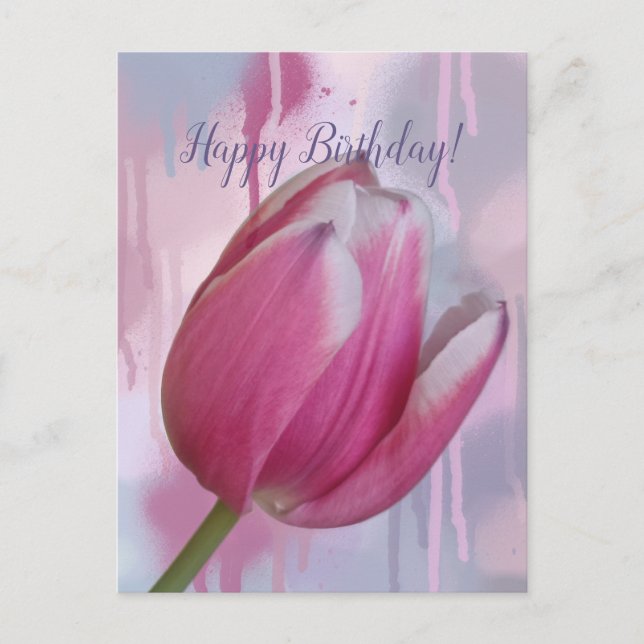 Pink tulip dripping paint background & custom text postcard (Front)