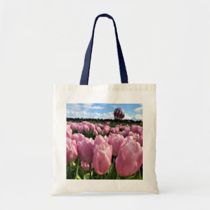 Pink Tulip Field with Hot Air Balloon, Oregon Tote Bag