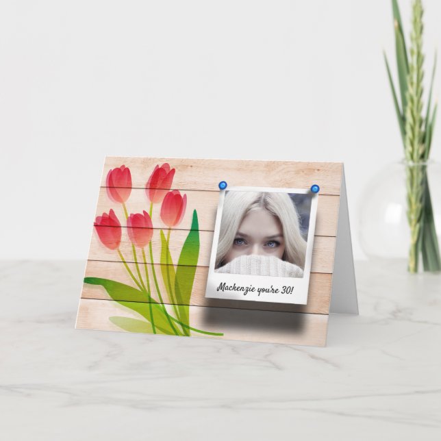 Pink Tulip Floral Birthday Photo Template Pretty (Front)