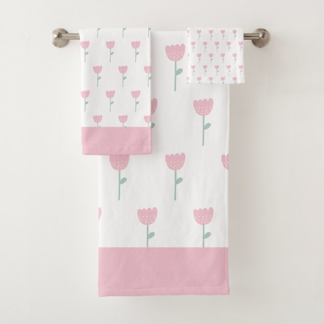 Pink Tulip Floral Minimalistic Simple Girly Cute Bath Towel Set (Insitu)