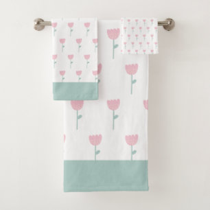 Pink Tulip Floral Minimalistic Simple Girly Green Bath Towel Set