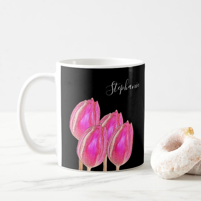 Pink Tulip Floral Monogram Name Black Custom Colou Coffee Mug (With Donut)