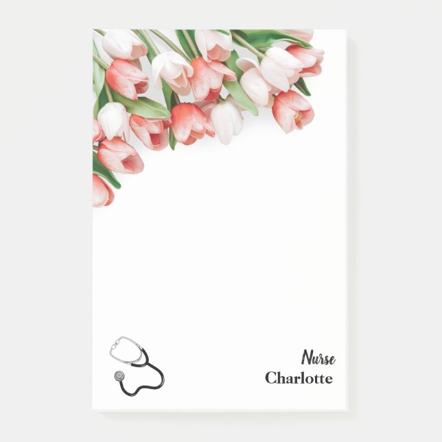 Pink Tulip Floral Nurse Stethoscope  Post-it Notes (Front)