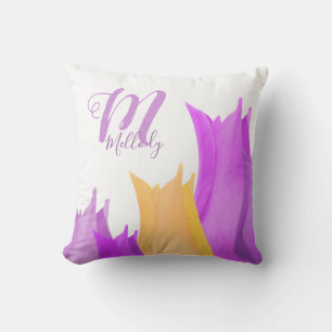 Pink Tulip Flower Monogram Name Floral  Throw Pill Pillow