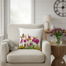 Pink Tulip Flowers and Butterfly Throw Pillow