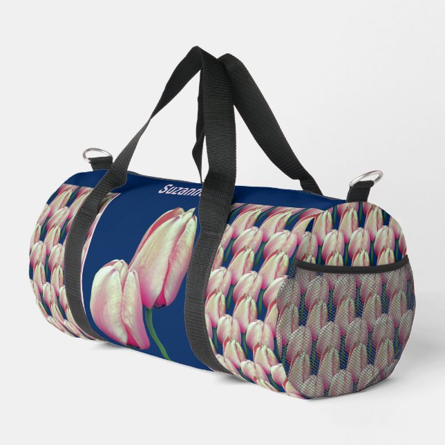 Pink Tulip Flowers Personalized  Duffle Bag (Right Corner)