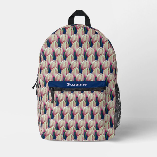 Pink Tulip Flowers Personalized  Printed Backpack (Front)