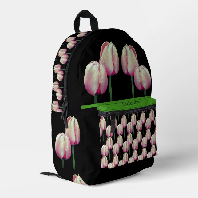 Pink Tulip Flowers Personalized Printed Backpack (Back Corner Left)