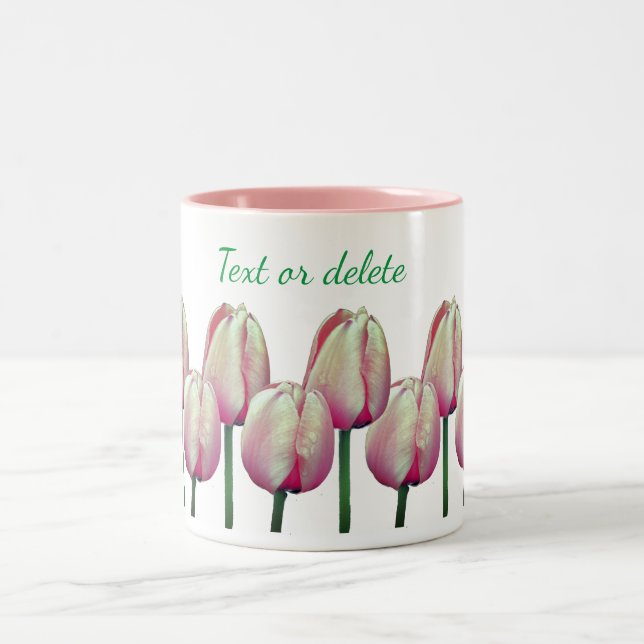 Pink Tulip Flowers Personalized Two-Tone Coffee Mug (Center)