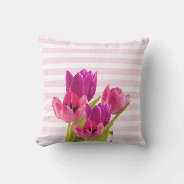 Pink Tulip Flowers with Pink Stripes Decorative Outdoor Pillow (Front)