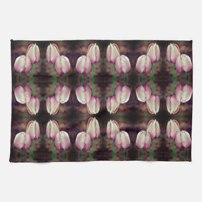 Pink Tulip Flowers With Raindrops Pattern Kitchen Towel (Horizontal)
